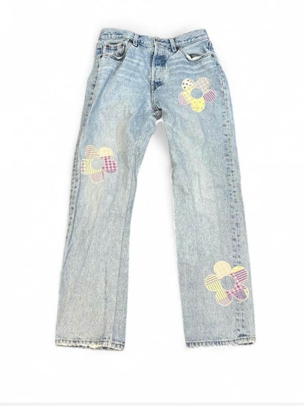 Levi's Light Blue Straight-Leg Jeans with Pastel Floral Patches